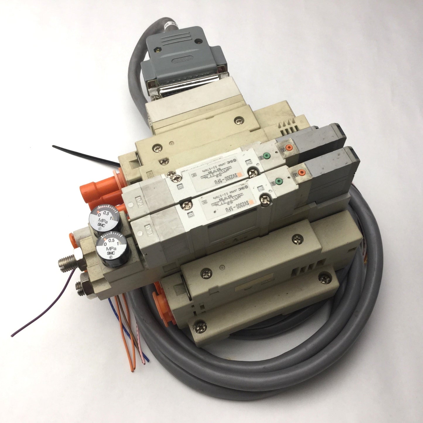 Used Bank of 3 SMC Solenoid Valves, 3x SV2300-5FU, 3-Pos 5-Way, *Bad Connection*