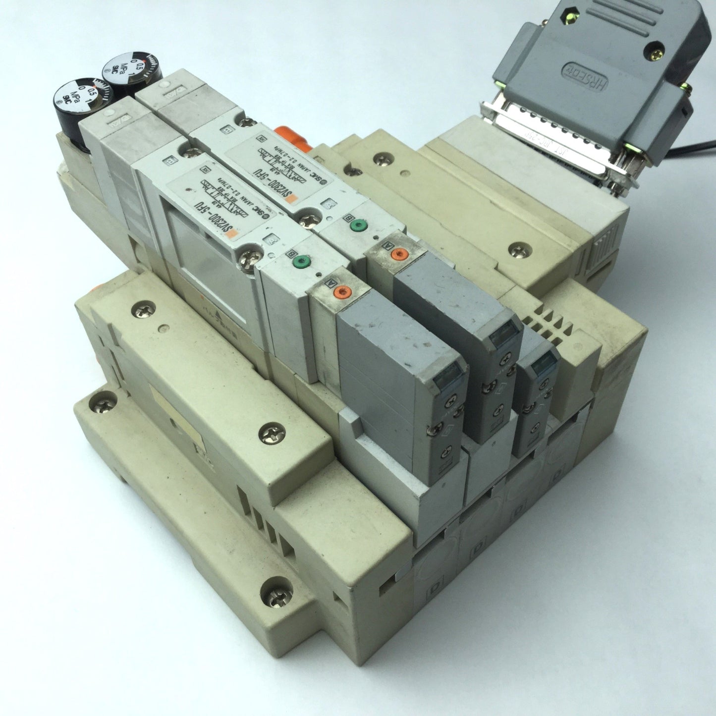 Used Bank of 3 SMC Solenoid Valves, 3x SV2300-5FU, 3-Pos 5-Way, *Bad Connection*