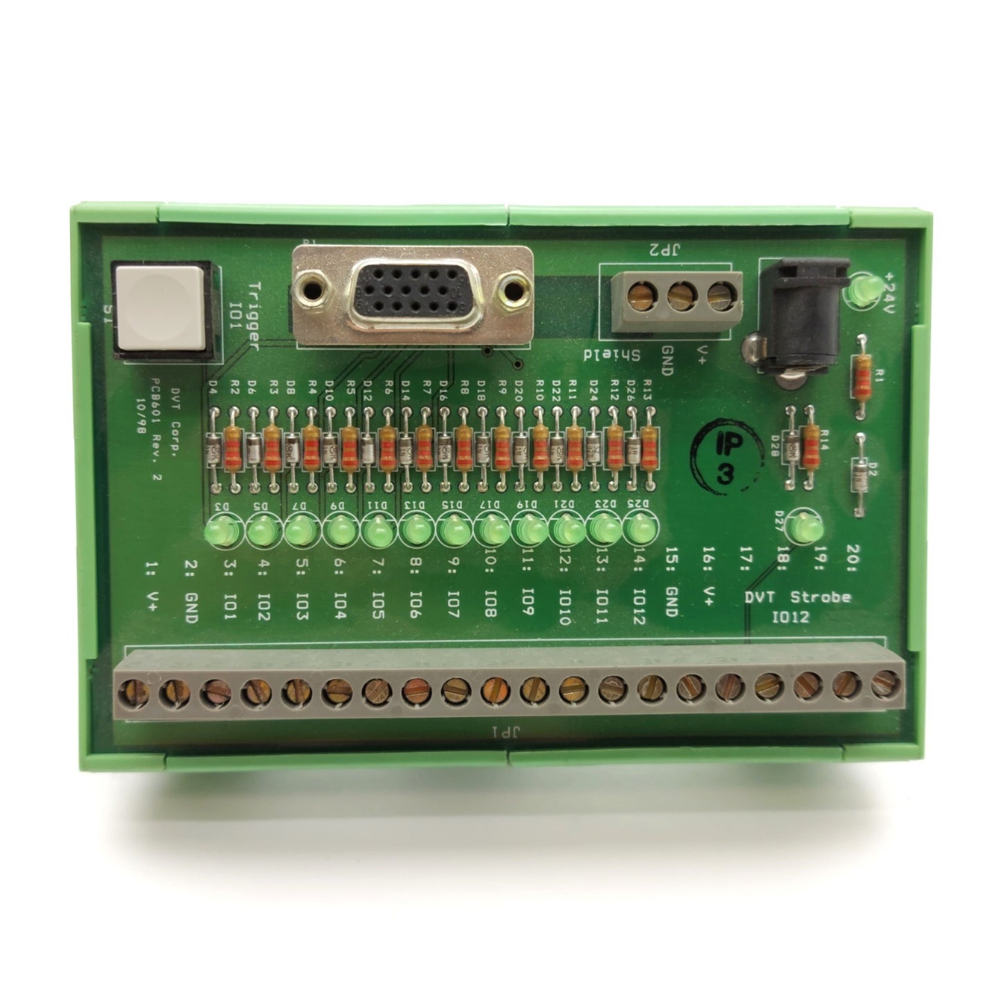 Used DVT PCB601 Rev. 2 Camera Breakout Board, 15-Pin D-Sub to Screw Terminals, 24VDC