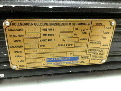 Used Kollmorgen M-443-B-A1 Goldline Servomotor, 230VDC, 3000 RPM, Frame 115mm