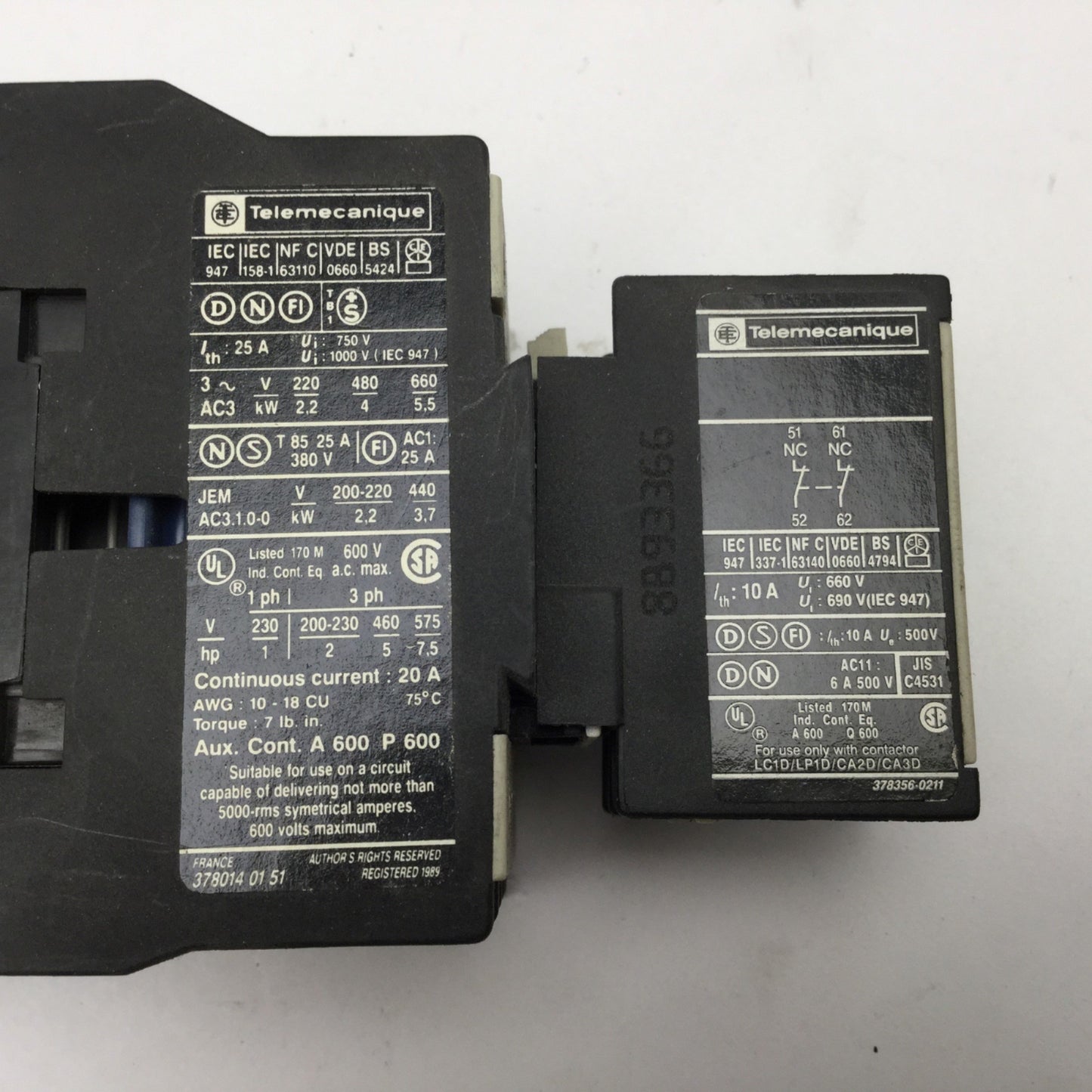 Used Lot of 2 Telemecanique LP1 D0910 Motor Contactors With LA1 DN02 Aux Contactors