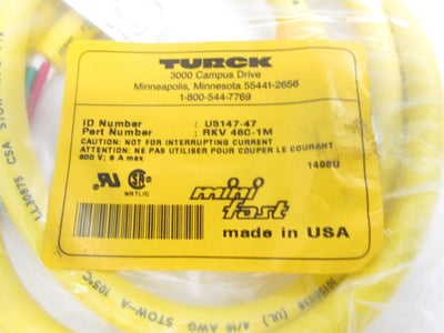 New Turck RKV 46C-1M Cordset, Minifast, 1 Meter, 4-Pin, 600V, 10A