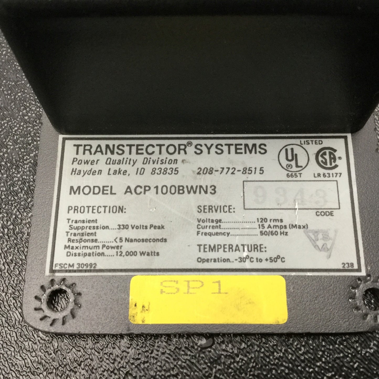 Used Transtector ACP100BWN3 AC Surge Protector SASD Single Phase 120VAC, 15A Fused