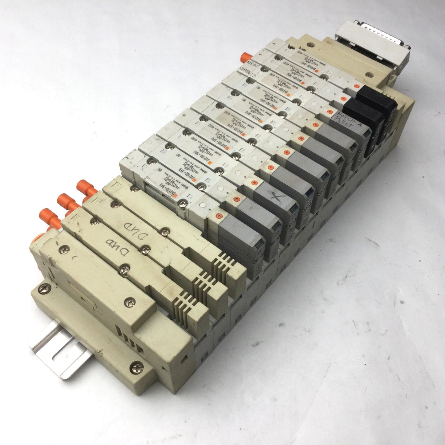 Used Bank of 10 SMC SV2100-5FU Solenoid Valves 5-Port, 2-Position *Broken Connection*