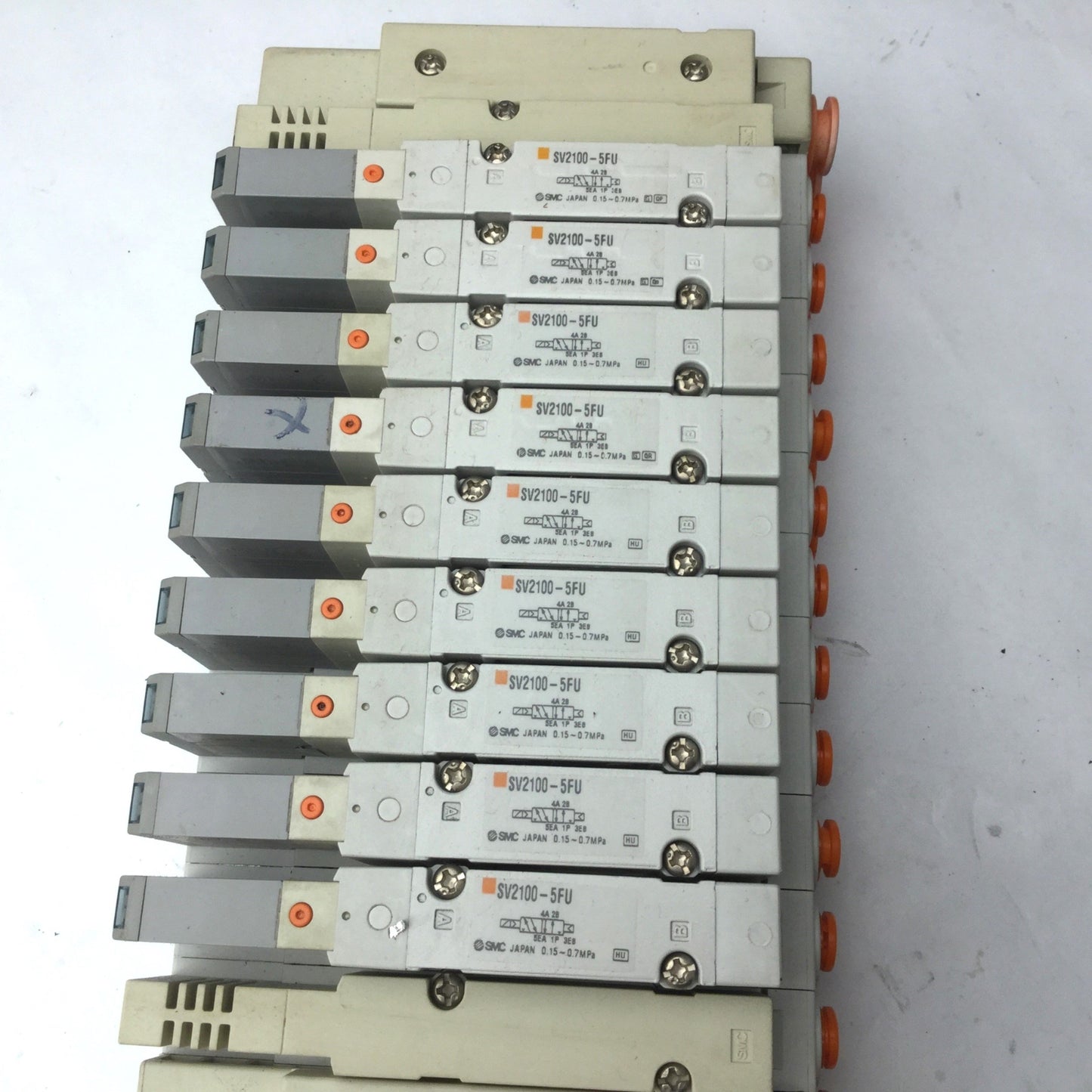 Used Bank of 9 SMC SV2100-5FU Solenoid Valves 5-Port, 2-Position *Broken Connection*