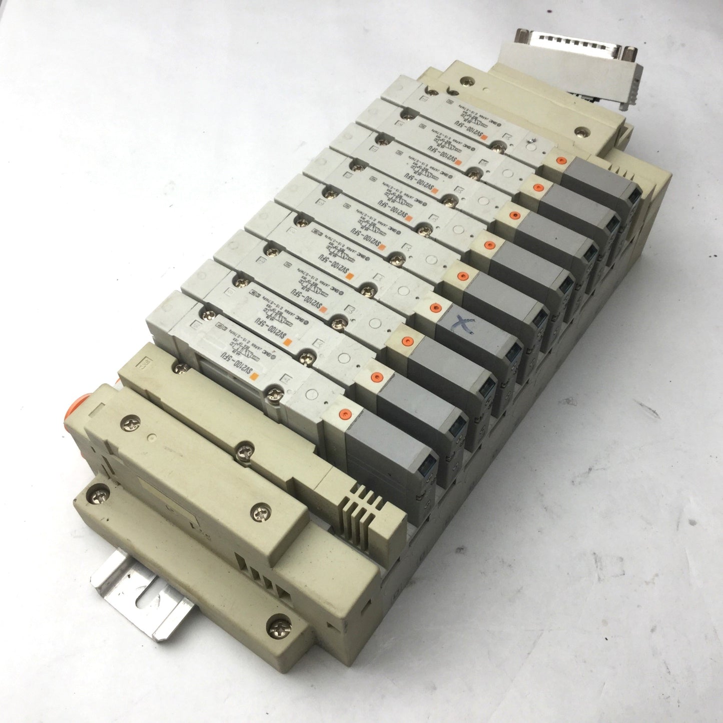 Used Bank of 9 SMC SV2100-5FU Solenoid Valves 5-Port, 2-Position *Broken Connection*