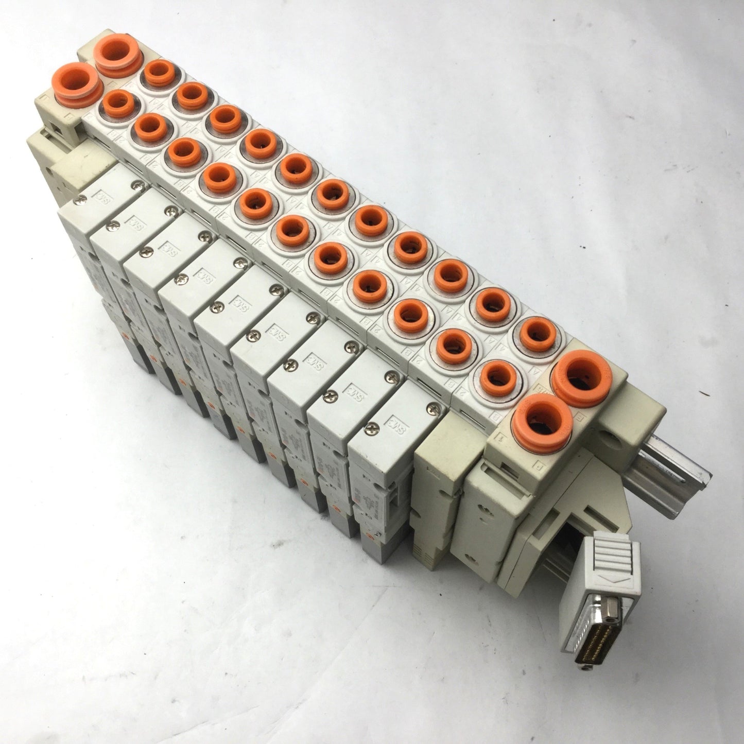 Used Bank of 9 SMC SV2100-5FU Solenoid Valves 5-Port, 2-Position *Broken Connection*