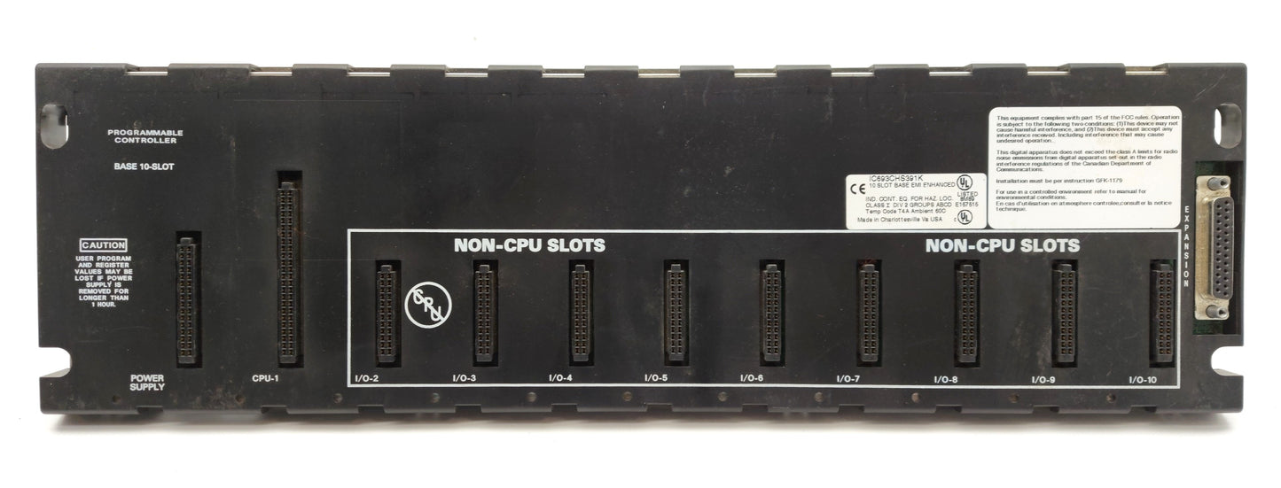 Used GE Fanuc IC693CHS391K Series 90-30 PLC Base Rack, 1x CPU 9x I/O Slots, EMI