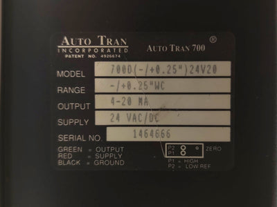 Used Auto Tran 700D(-/+0.25")24V20 Pressure Transducer ñ0.25"WC Range 4-20mA 24VAC/DC
