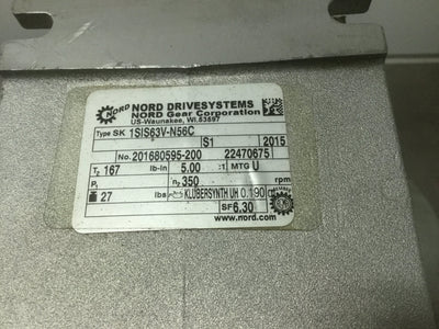 Used Nord SK 1SIS63V-N56C Aluminum Right Angle Worm Gear 5:1 56C 167lb-in 350RPM