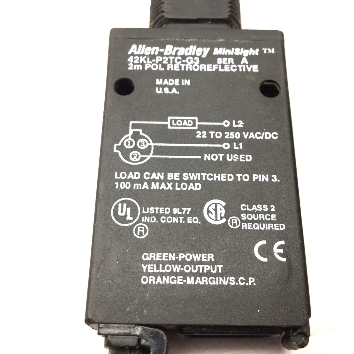 Used Allen Bradley 42KL-P2TC-G3 Retroreflective Sensor Switch, 22-250VAC/DC, 25mm-2m