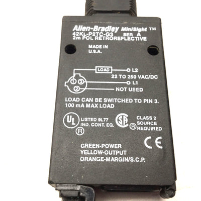 Used Allen Bradley 42KL-P2TC-G3 Retroreflective Sensor Switch, 22-250VAC/DC, 25mm-2m