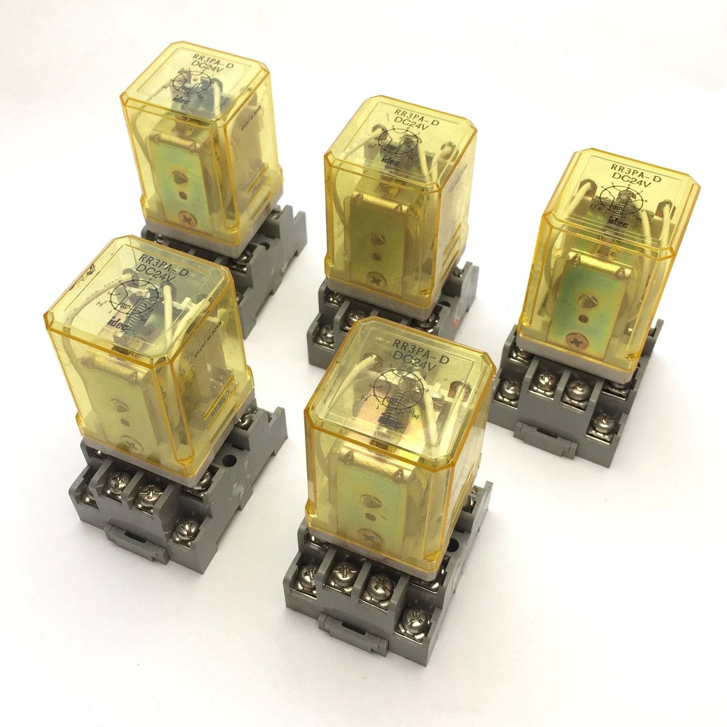 Used Lot of 5 Idec RR3PA-D Ice Cube Relays, Coil Voltage: 24VDC w/Socket Base SR3P-05