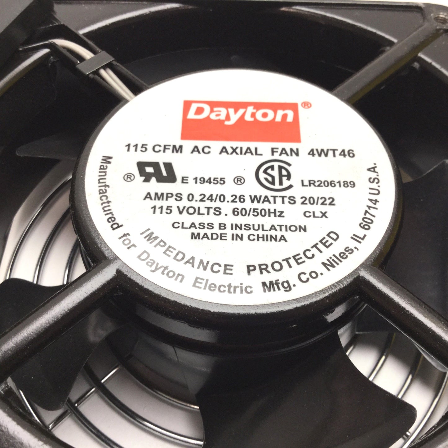 Used Dayton 4WT46 Axial Fan, Power: 115VAC 60Hz 0.24A 20W, Flow: 115 CFM, 3100RPM