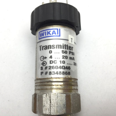 Used Wika 8348868 S-10 Pressure Transmitter Sensor, 0-50psi, In 10-30VDC, Out 4-20mA