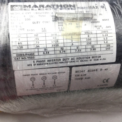 New Other Marathon CVJ 56H17T2014A P 3Phase Inverter Duty AC Induction Motor 1/3HP