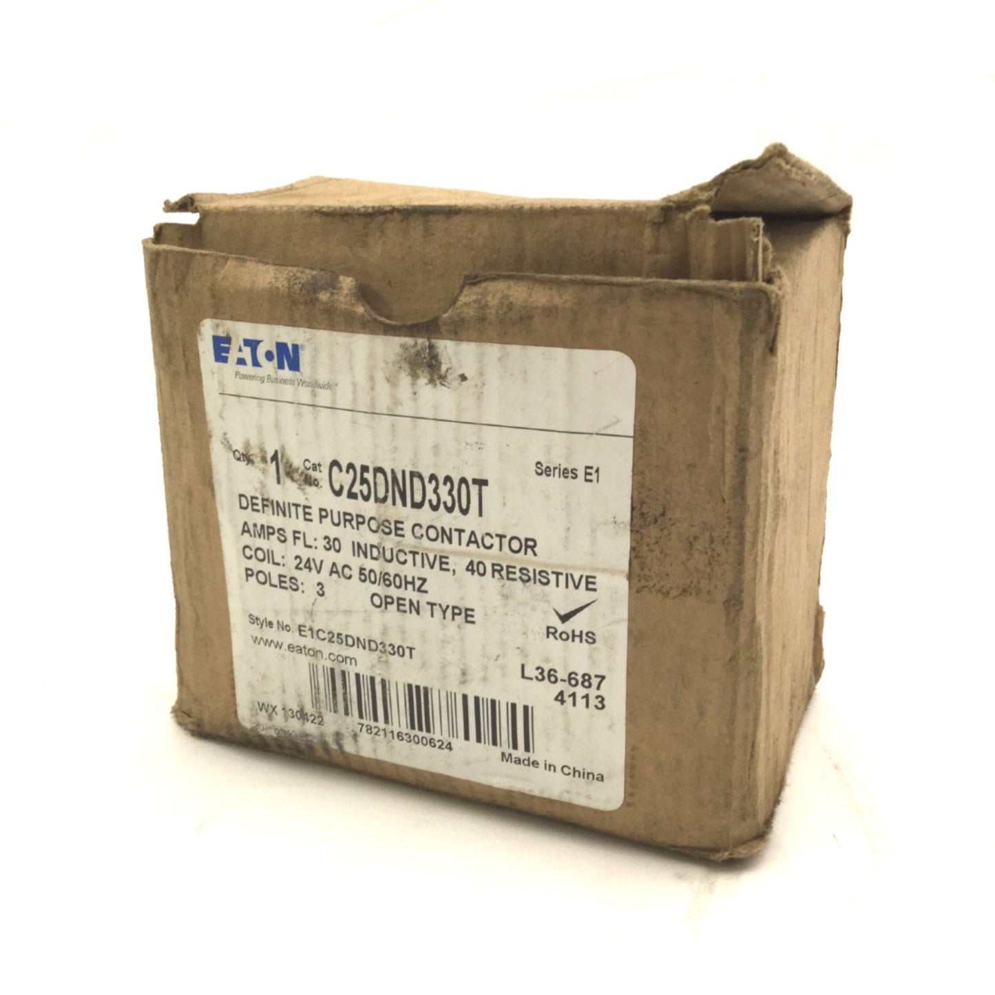 New Eaton C25DND330T Definite Purpose Contactor 30A, 3-Pole, Coil: 24VAC 50/60Hz