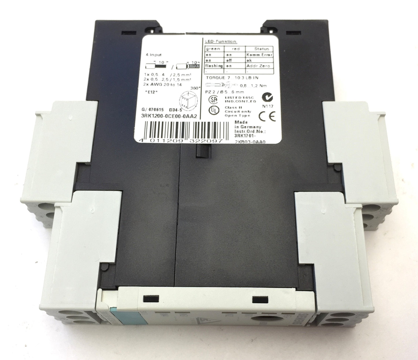 Used Siemens 3RK1200-0CE00-0AA2 AS-i Interface I/O Module, 4 Inputs, 24VDC, 50mA