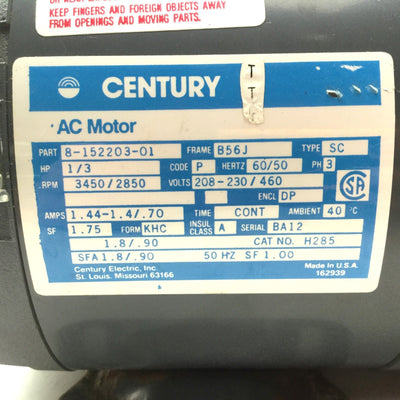 Used Century 8-152203-01 AC Motor, Multi-Duti MFG Pump, 1/3HP, 3450/2850 RPM
