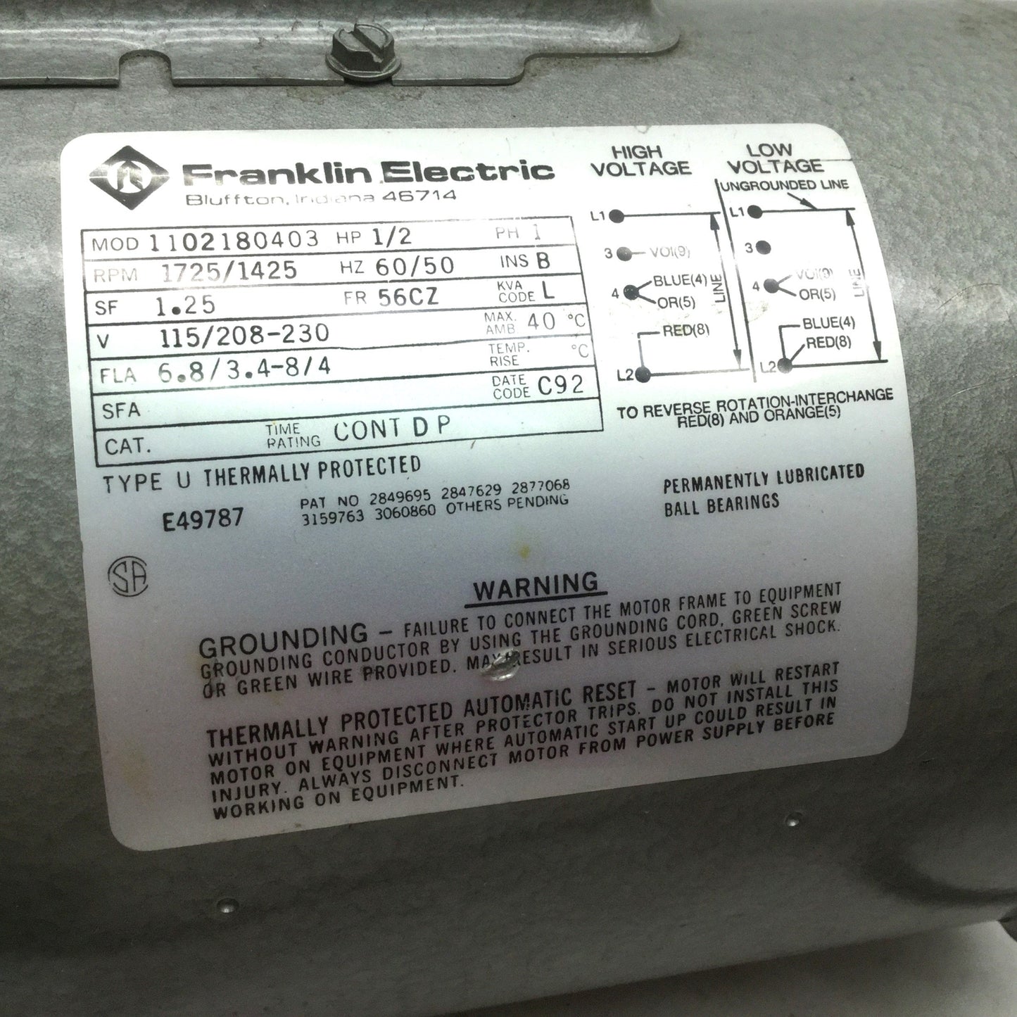 Used Franklin Electric 1102180403 Electric Motor from Savant VP100, 1/2 HP 115VAC