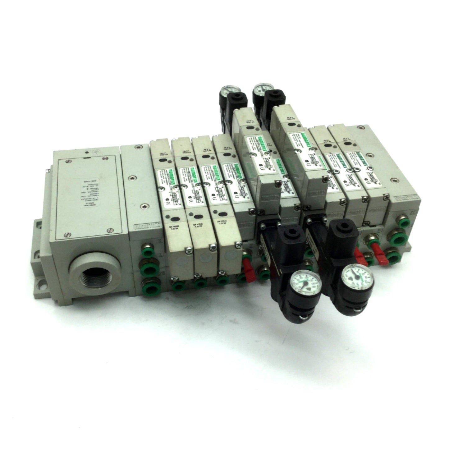 Used Bank of 10 Numatics Solenoid Valves w/ Manifold 24VDC 052BA4Z1ML61 52BB4Z2ML61