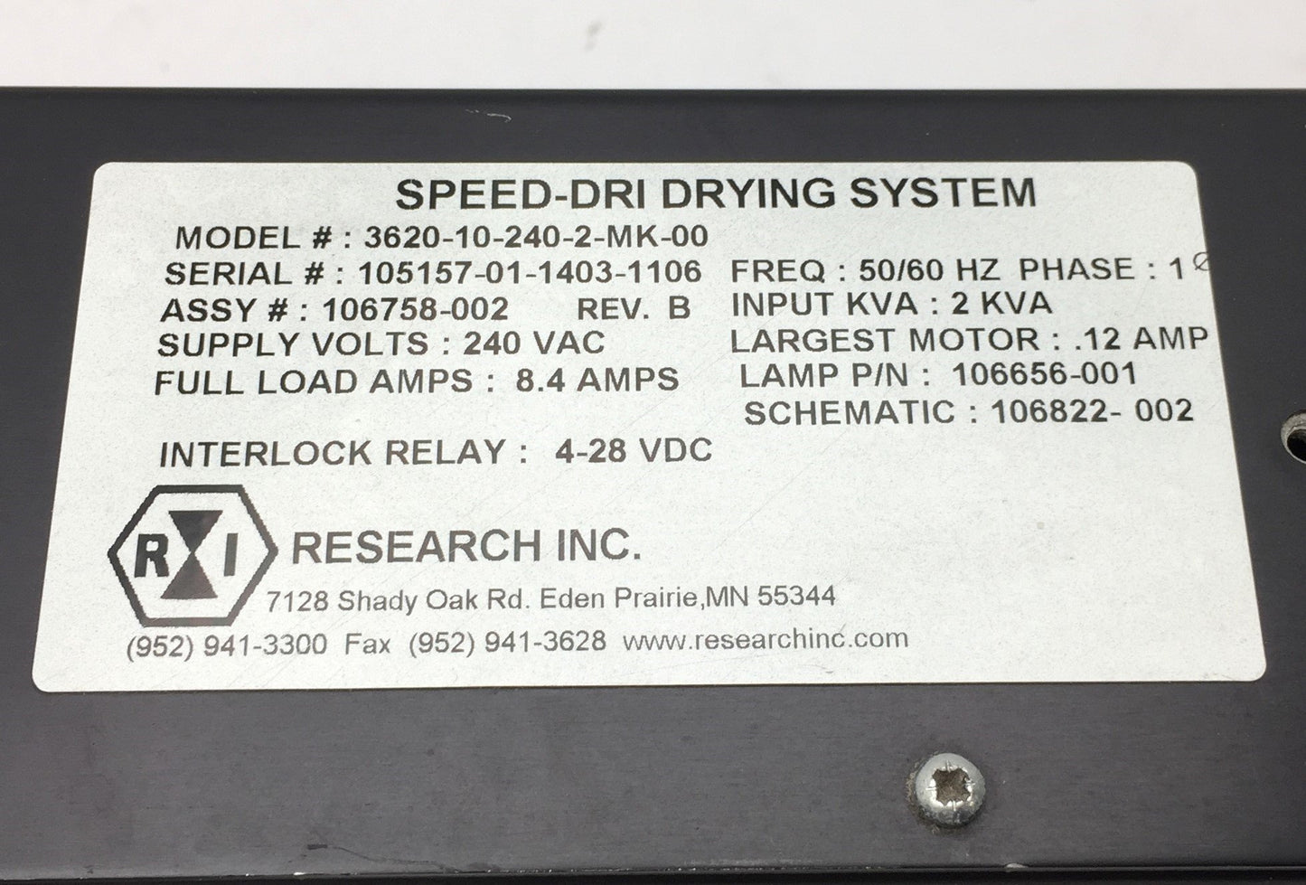 Used Research Inc Speed-Dri 3620 Ink Infrared Convection Drying System 240VAC 50/60Hz