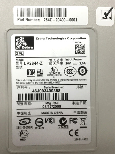 Used Zebra LP2844-Z Direct Thermal Barcode/Label Printer 203 dpi, 4.09" W, 4 in/sec