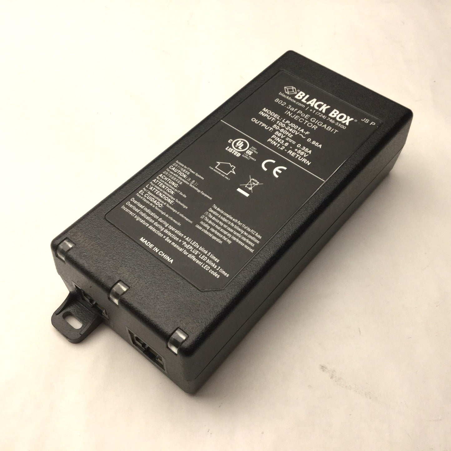 Used Black Box LPJ001A-F 802.3af PoE GIGABIT INJECTOR In: 100-240VAC, Out: 56VDC