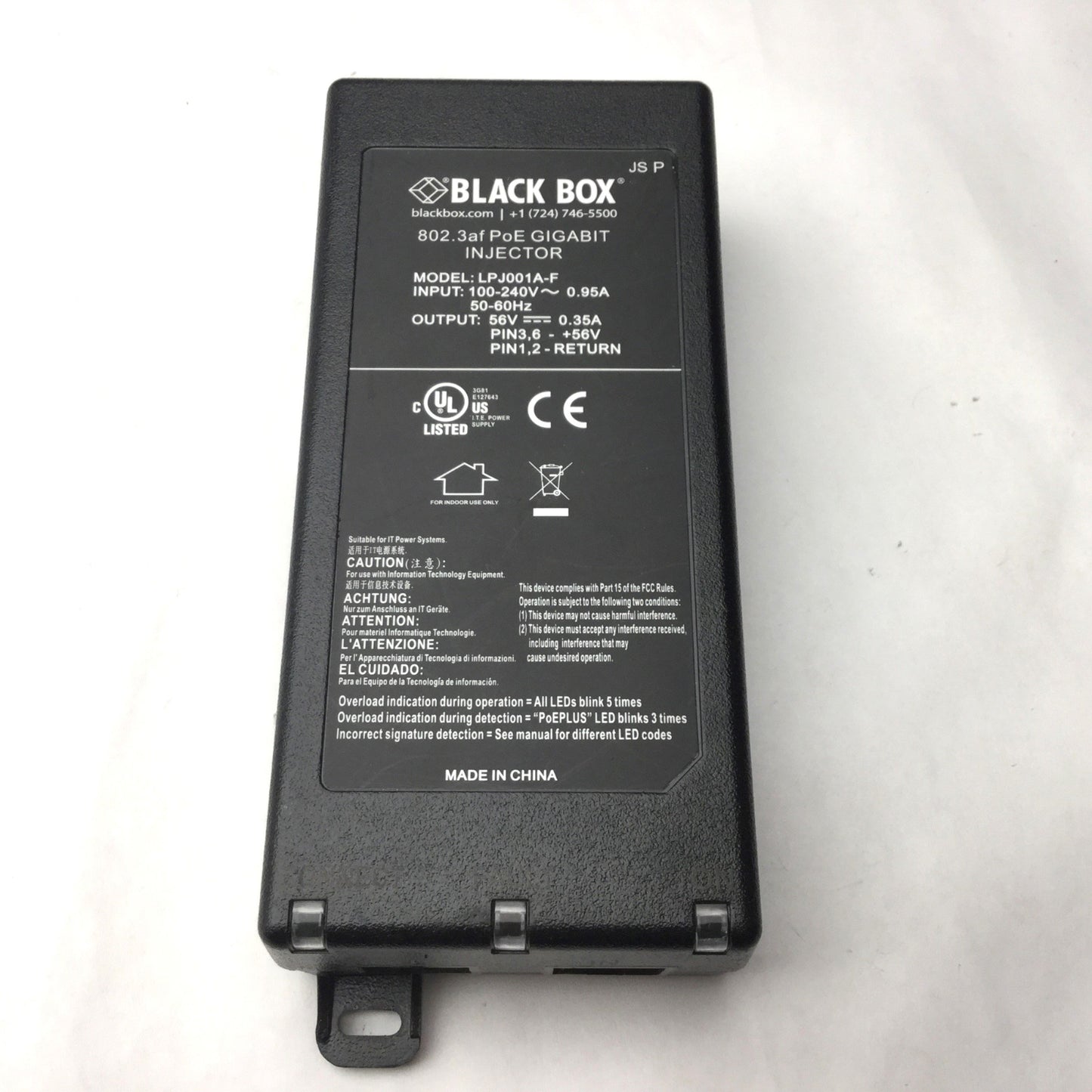 Used Black Box LPJ001A-F 802.3af PoE GIGABIT INJECTOR In: 100-240VAC, Out: 56VDC