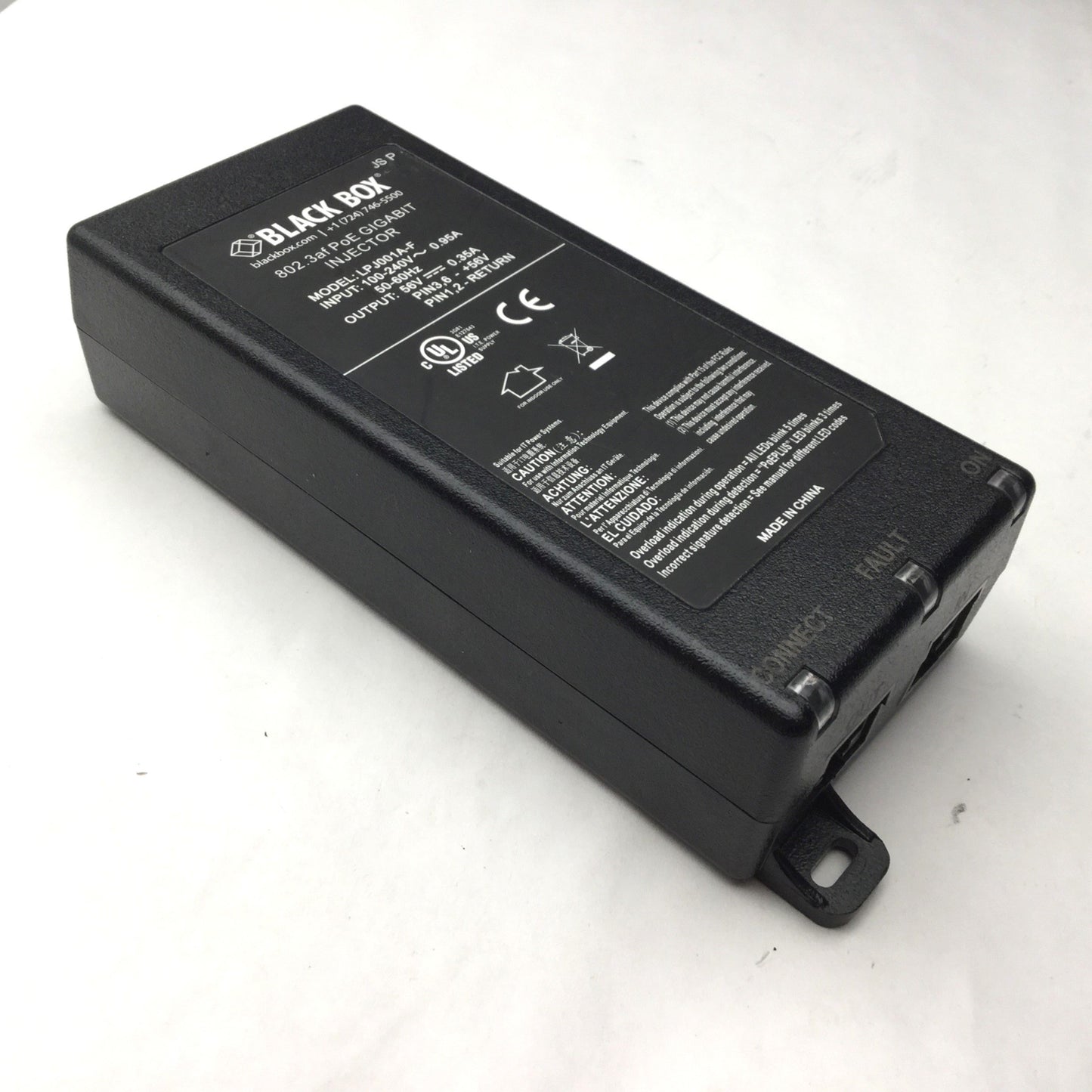 Used Black Box LPJ001A-F 802.3af PoE GIGABIT INJECTOR In: 100-240VAC, Out: 56VDC