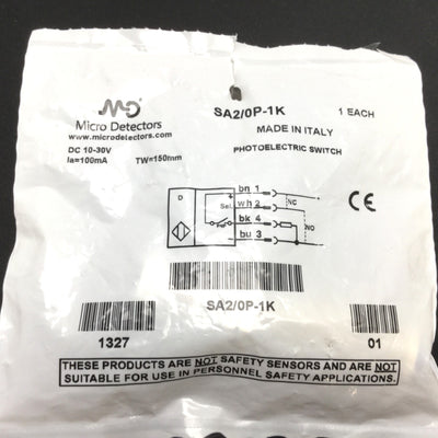 New Micro Detectors SA2/0P-1K Photoelectric Sensor, Range: 150mm, 4-Pin M12 QD, PNP