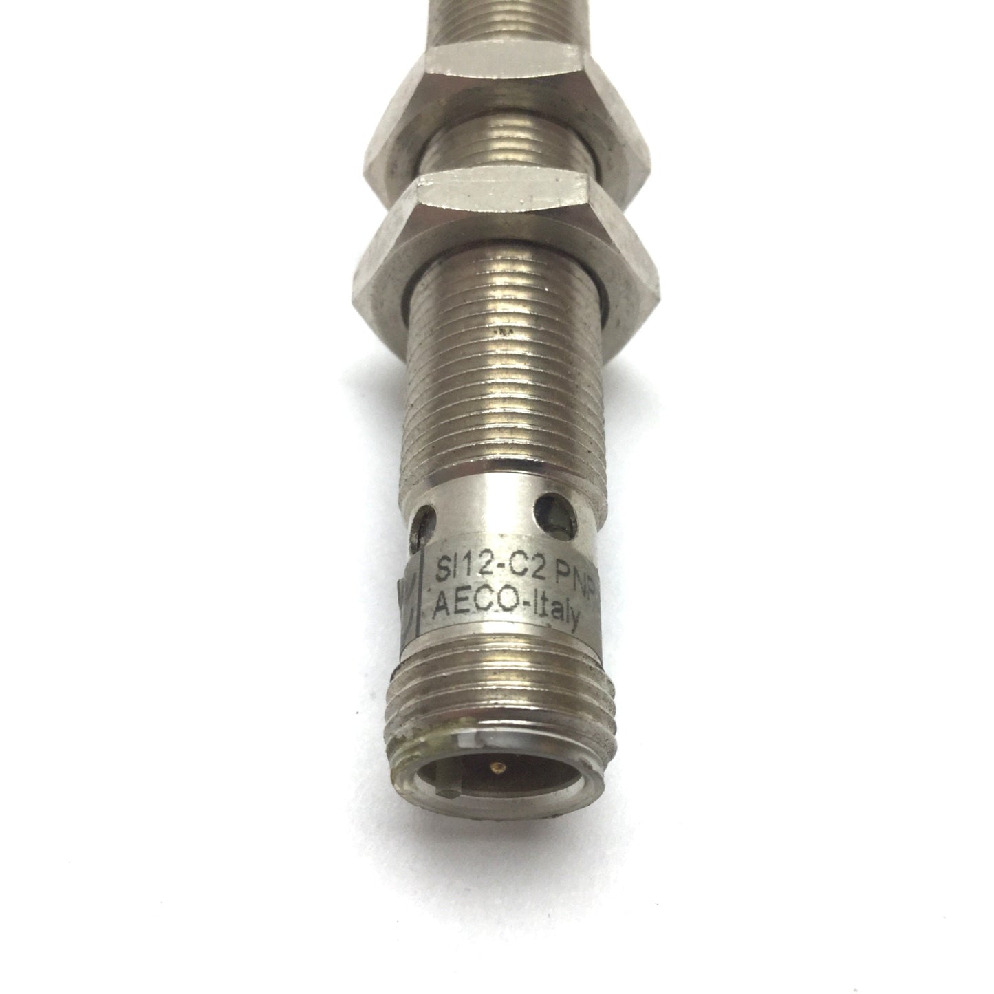 Used AECO SI12-C2 Inductive Proximity Sensor, 2mm, 10-30VDC, PNP N/O, M12 4-Pin