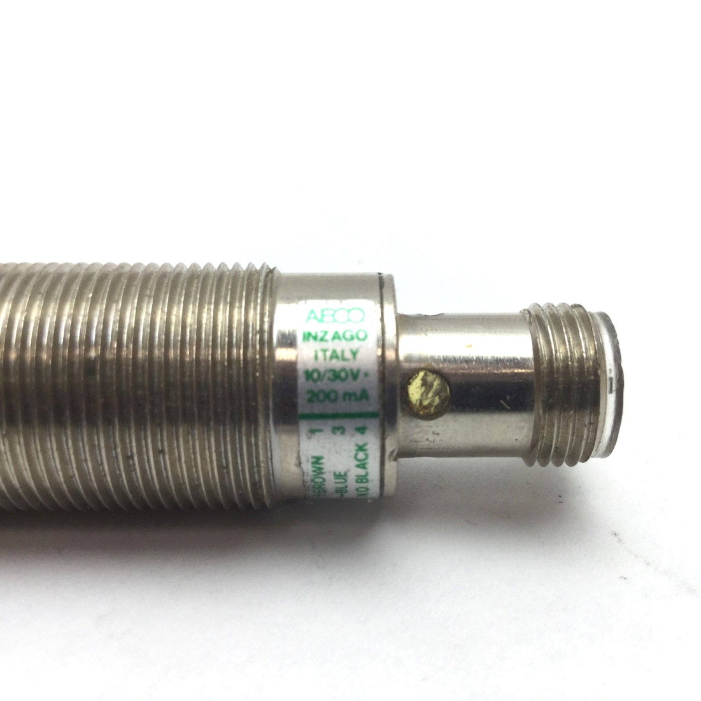 Used AECO SI18-C5 Inductive Proximity Sensor, 10-30VDC PNP N/O, M12 4-Pin, M18 Barrel