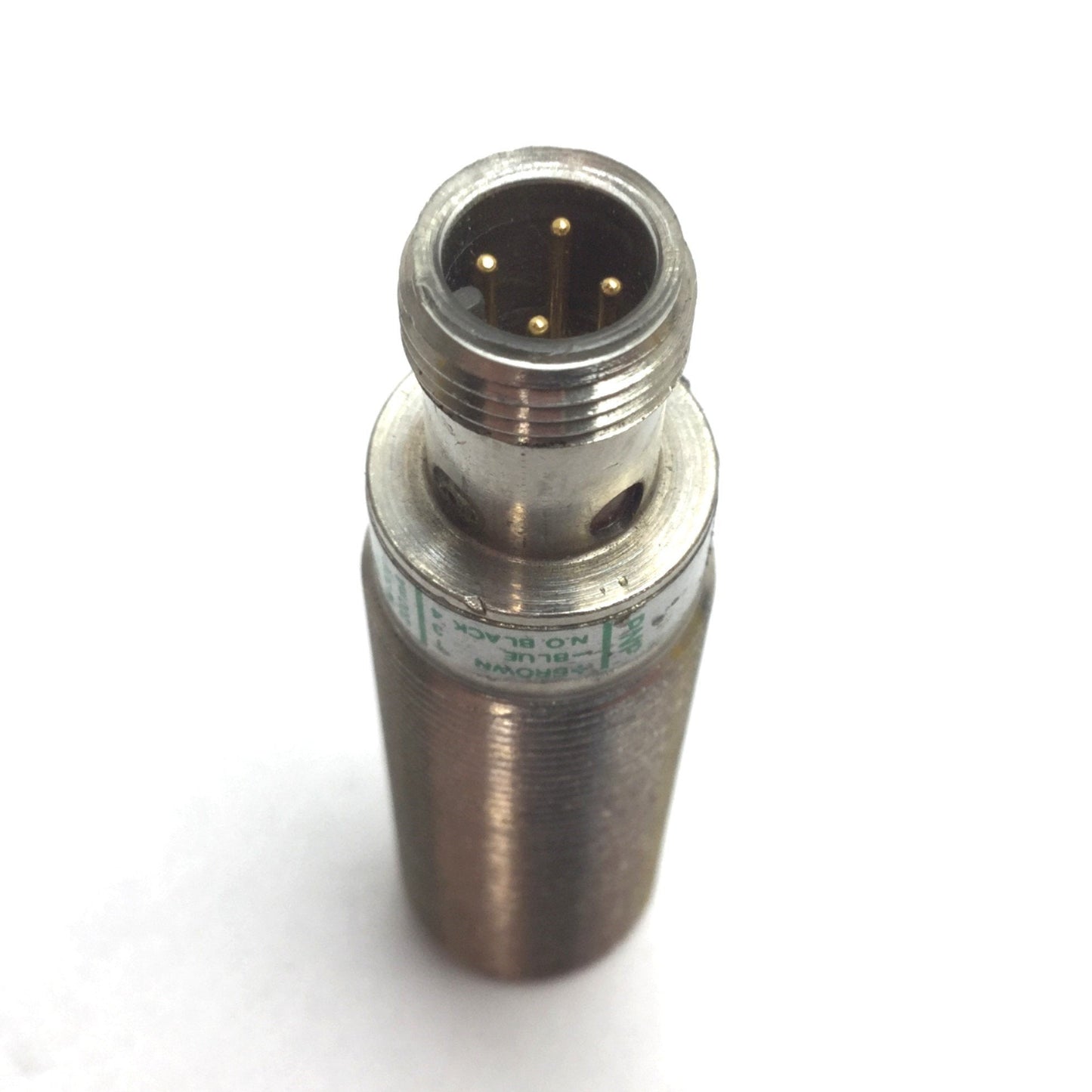 Used AECO SI18-C5 Inductive Proximity Sensor, 10-30VDC PNP N/O, M12 4-Pin, M18 Barrel