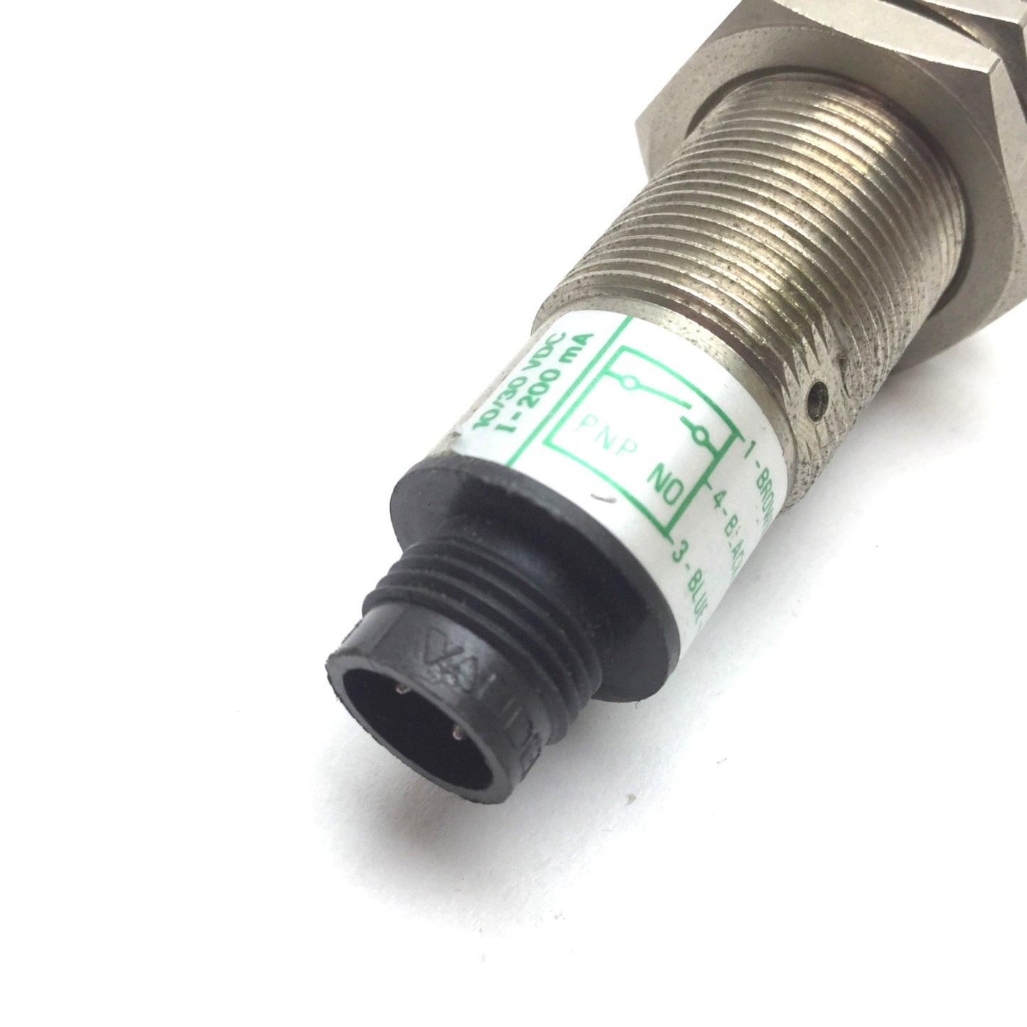 Used AECO Inductive Proximity Sensor, 10-30VDC, PNP N/O, M12 4-Pin, Barrel M18