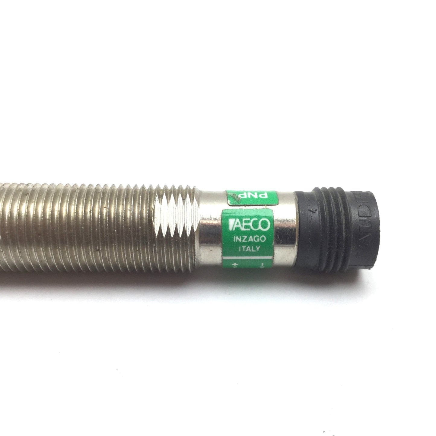 Used AECO Inductive Proximity Sensor, 10-30VDC, PNP N/O, M12 4-Pin, M12 Barrel