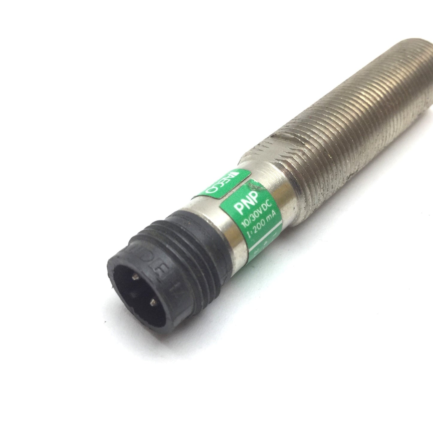 Used AECO Inductive Proximity Sensor, 10-30VDC, PNP N/O, M12 4-Pin, M12 Barrel