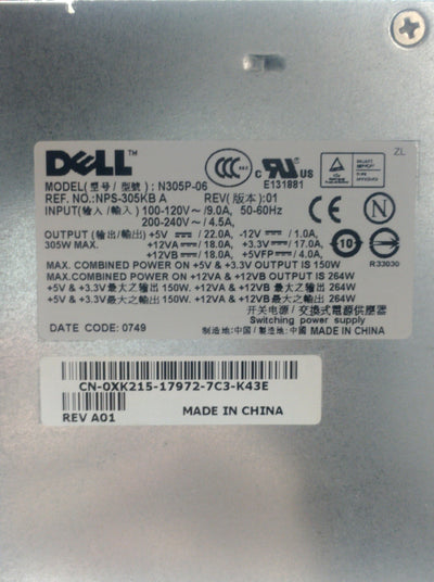 Used Dell N350P-06 Computer Power Supply, 350W, 24-Pin, 1x P4, 4x SATA, 1x FDD
