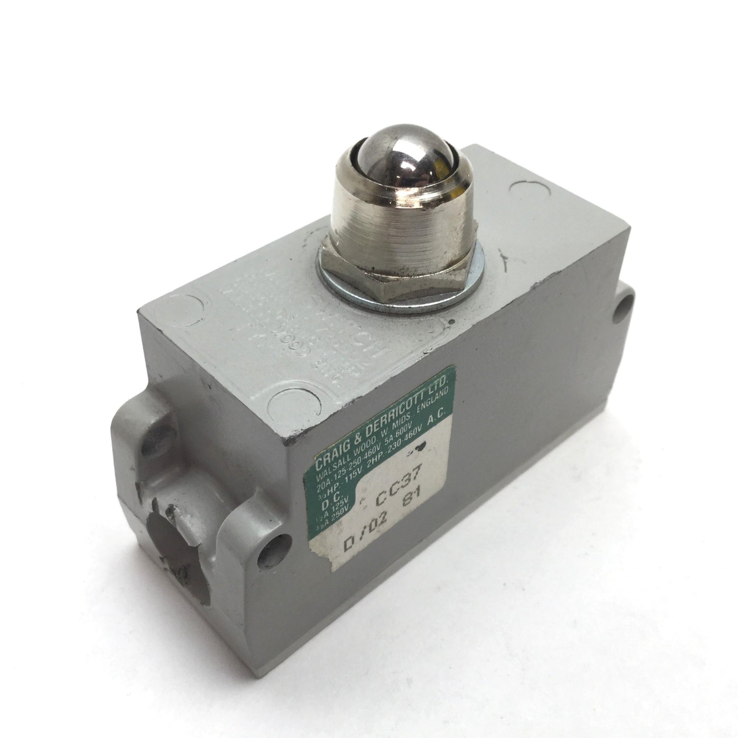 Used Craig & Derricott CC37 Miniswitch Limit Switch, Ball Press Actuator, Rating: 20A