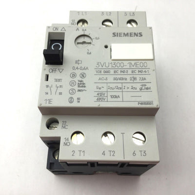 Used New Siemens 3VU1300-1ME00 Manual Motor Starter, 3-Pole, Current Range: 0.4-0.6A