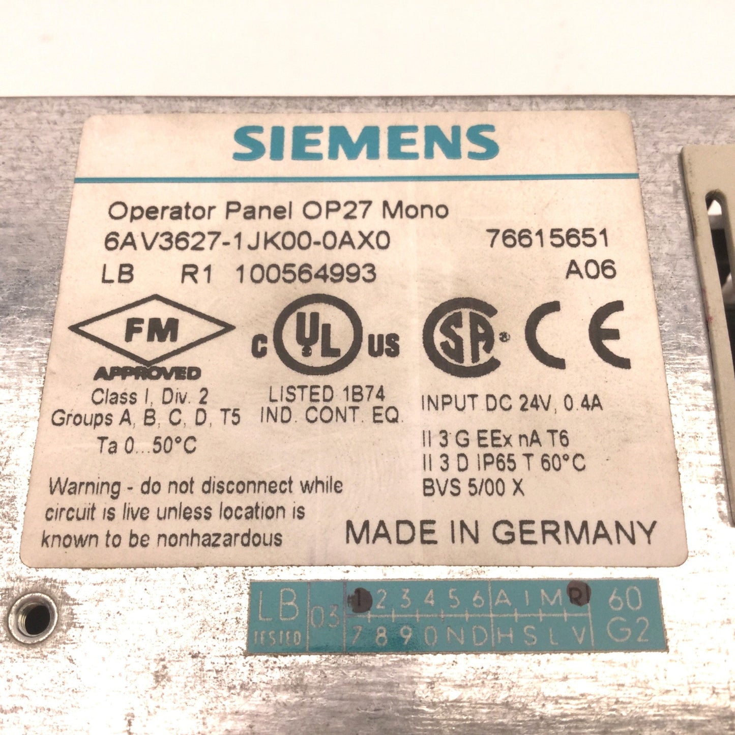 Used Siemens 6AV3627-1JK00-0AX0 Simatic OP27 Monochrome Operator Panel, 24VDC, 0.4A