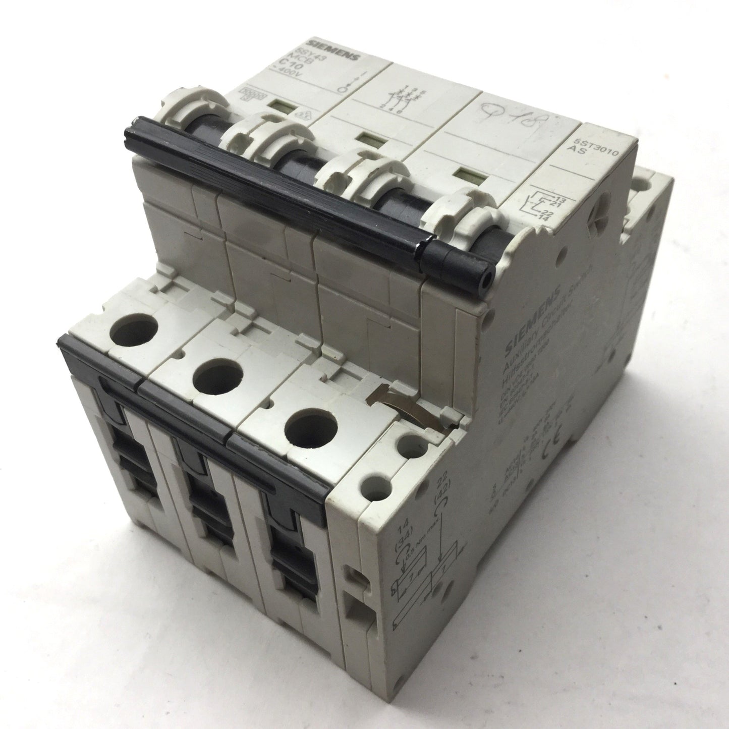 Used Siemens 5SY43MCB C10 Circuit Breaker 3 Pole w/5ST3010AS Auxiliary Circuit Switch