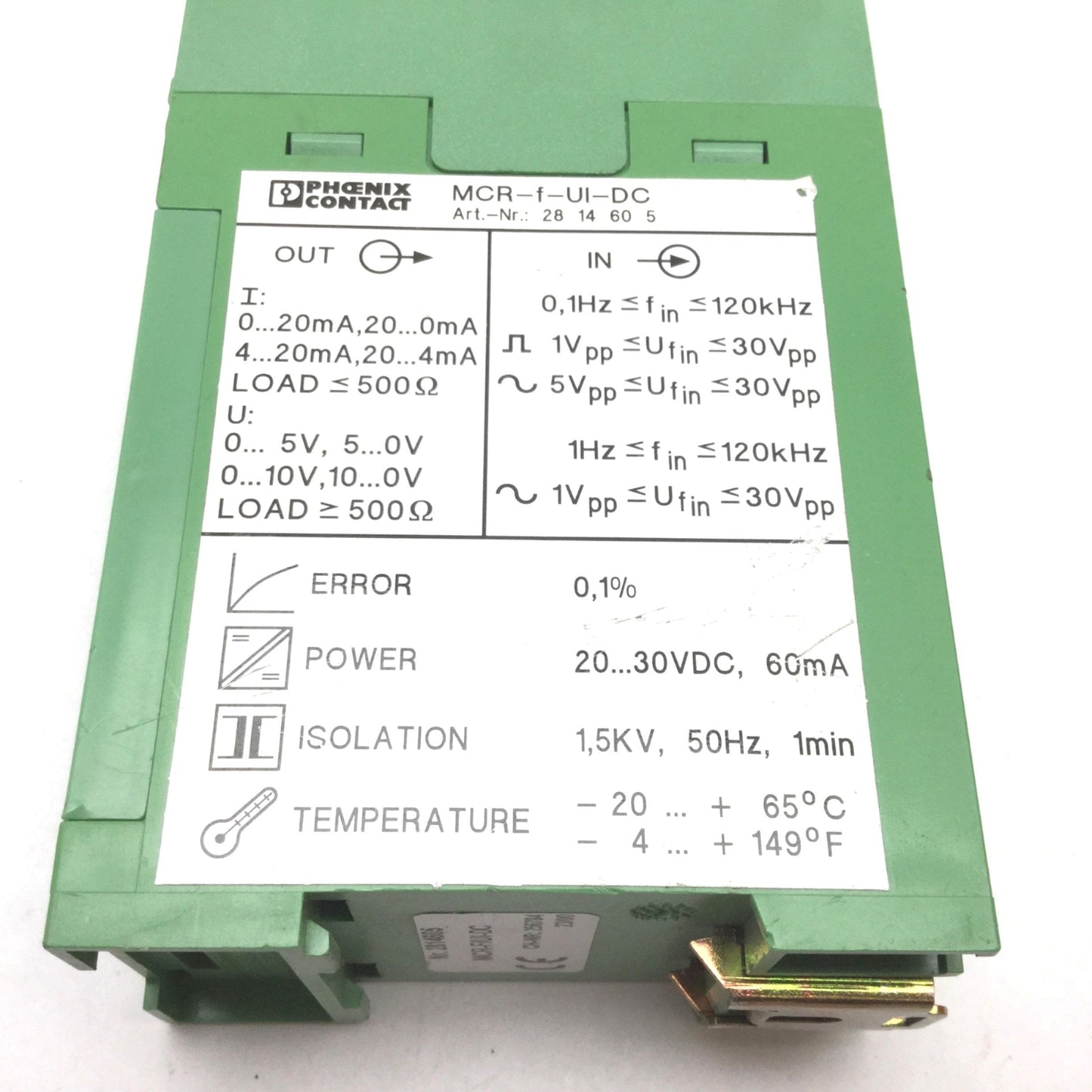 Used Phoenix Contact MCR-f-UI-DC Frequency Measuring Transducer, Supply: 20-30VDC