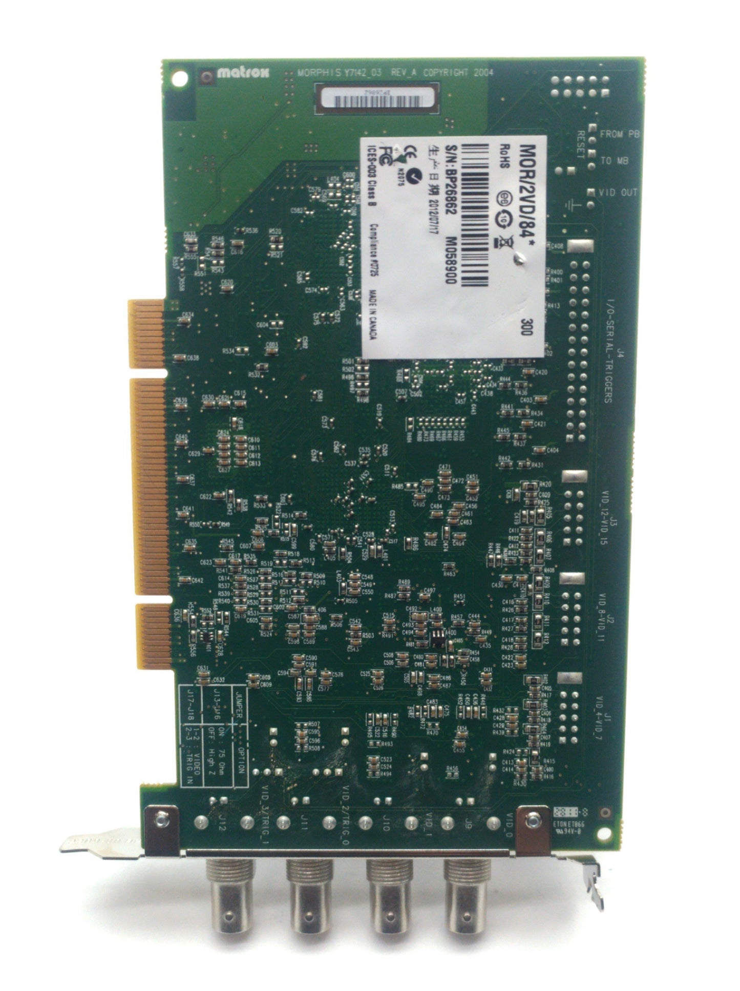Used Matrox MOR/2VD/84* Morphis Frame Grabber Card, PCI, 4x BNC, 3x 10-Pin, 30-Pin
