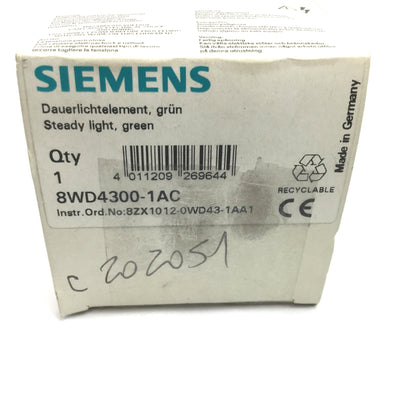 New Siemens 8WD4300-1AC Green Tower Stack Light, Rating: 7W 230V, *No Bulb*