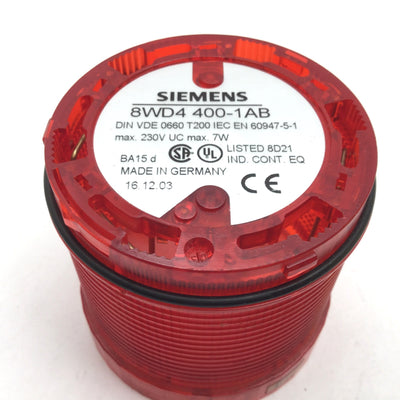 Used Siemens 8WD4400-1AB Red Tower Stack Light, Rating: 7W 230V, With Bulb