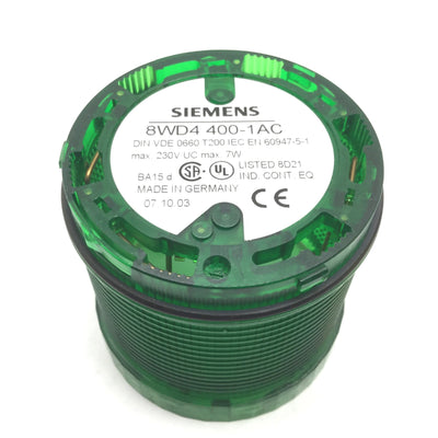 Used Siemens 8WD4400-1AC Green Tower Stack Light, Rating: 7W 230V, *No Bulb*