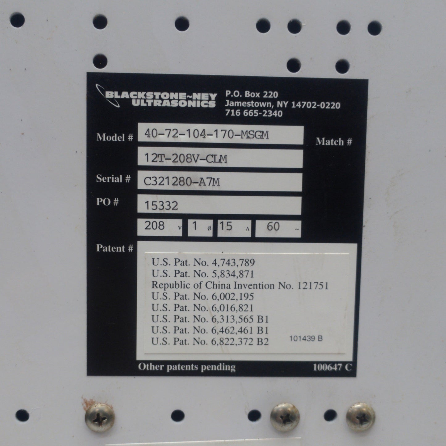 Used Blackstone-NEY multiSonic Ultrasonic Generator, 40/72/104/170kHz, 208VAC 15A