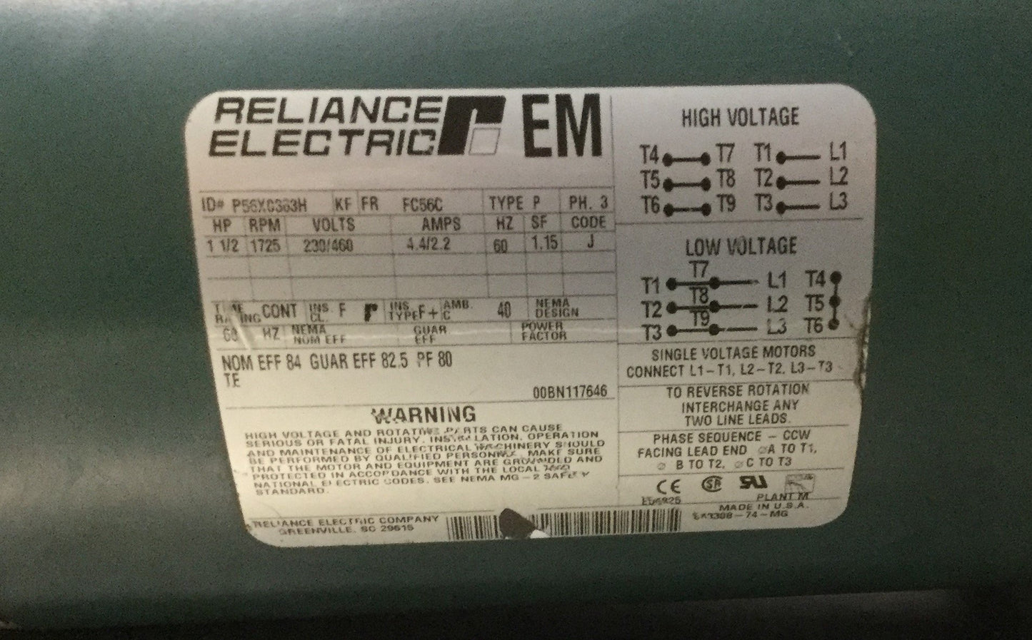 Used Boston Gear HF726-25SPV-B5-H1-P16 Right-Angle Gear, 56C, 25:1, P56X0363H Motor