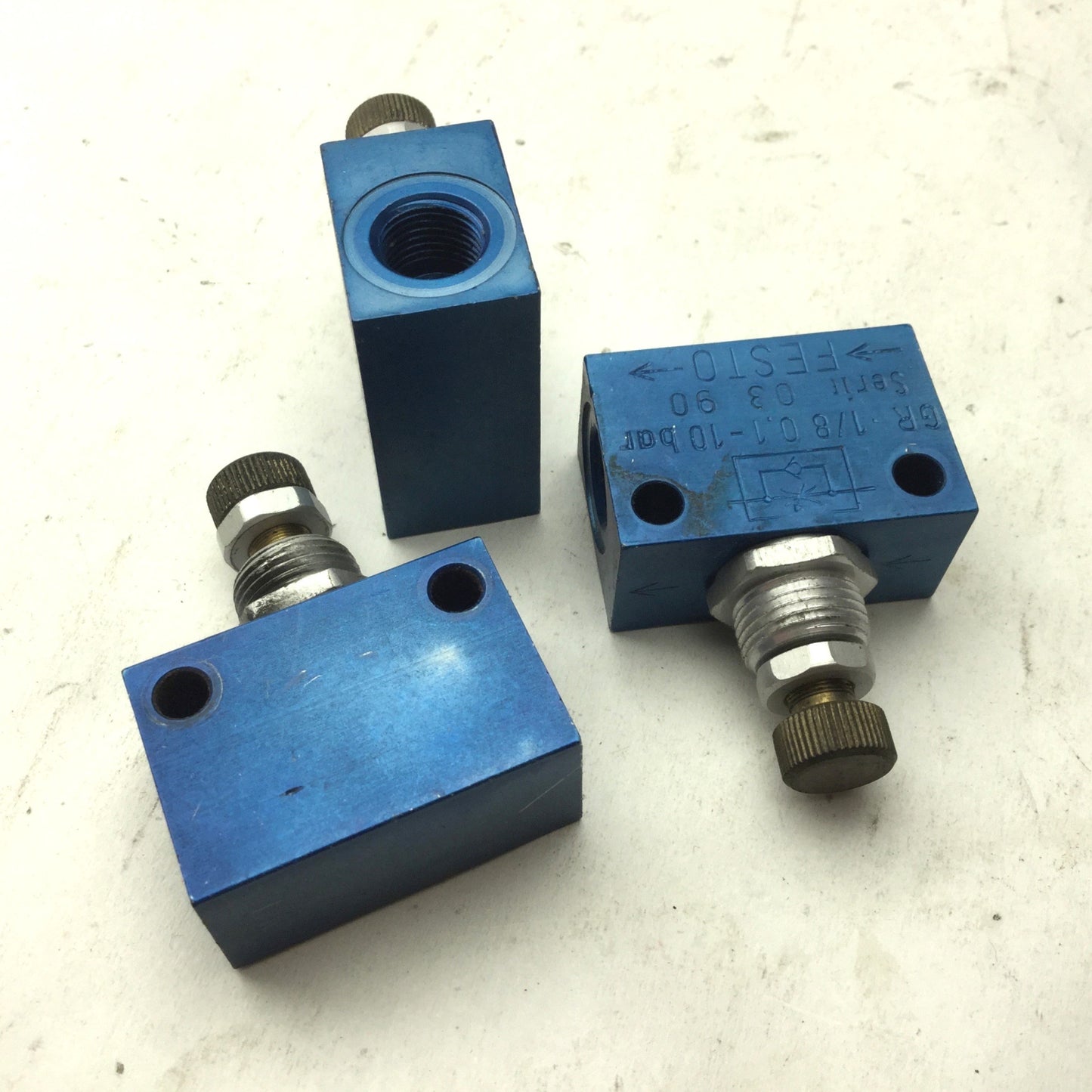 Used Lot of 3 Festo GR-1/8 Flow Control Valve, Inline, 0.1-10 bar, Port: G1/8